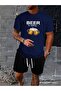 Beer Print Black Navy Blue Top and Short Set - Comfortable Loose Leg, Crew Neck