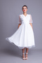 Pearl Tulle Covered V Neck Short Balloon Sleeve Midi Length Evening Dress