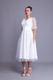 Pearl Tulle Covered V Neck Short Balloon Sleeve Midi Length Evening Dress - 6