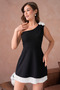 Women's Black Lined Atlas Fabric Shoulder Double Rose Design Skirt Pleated Mini Flared Dress 9357 - 4