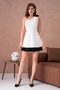 Women's White Lined Atlas Fabric Shoulder Double Rose Design Skirt Pleated Mini Flared Dress 9357 - 6
