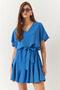 Women's Blue Ruffle Detailed V-Neck Belted Dress 60251019 - 4