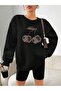 8 Cheery Winter Sweatshirt - Black Printed Oversize Raised Crew Neck