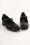 Women's Black Patent Leather Blunt Toe Belt Detailed Short Heel Ballet Shoes - 3
