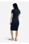 Women's Dark Navy V-Neck Short Sleeve Long Dress — Modern Design for Versatile Effortless Look - 2