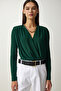 Wrap Collar Padded Snap Fastener Knitted Blouse Emerald Green Lff0003