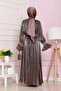 Sleeve Flounce Embroidery Detailed Evening Dress-Brown - 5