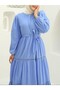 Ruffled Skirt Dress with Lace Ribbon Detail -Blue - 6