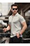 David Men's Zippered Polo Neck Cotton Fabric Beige Short Sleeve T-Shirt
