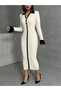 Women's Ecru Polo Neck Stylish Sleeves Detail Midi Knitwear Dress - 4