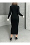 Women's Black Polo Collar Stylish Sleeve Detail Midi Knit Dress - 8