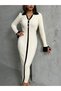 Women's Ecru Polo Neck Stylish Sleeves Detail Midi Knitwear Dress