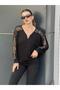 Women's Black Sleeves Leopard Detail V Neck Seasonal Viscous Blouse