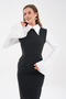 Women's Atlas Fabric Shirt Collar Sleeves Wide Pleated Design Black Midi Pencil Evening Dress 278 - 8