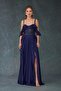 Navy Blue Flounced Evening Dress with Lace Slit on the Top