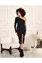 BLACK ASYMMETRIC COLLAR BEATHER SLIP DETAIL SINGLE SLEEVE MIDI SIZE KNITTED DRESS - 4