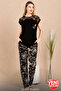 Black Floral Print Lace Shoulder Pajamas Set - Short Sleeve 12488 - 2