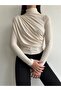 Women's Beige Drawstring Detailed Stand Collar Sandy Blouse - 2