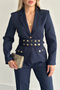 Women's Navy Blue Belted Jacket Pants Suit