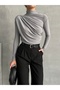Women's Gray Drawstring Detailed Stand Collar Sandy Blouse
