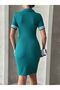 Women's Petrol Green Polo Collar Stretch Dress with Stripe on the Sleeve - 5