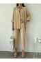 Women's Beige Double Sleeve Top and Bottom Shirt Set - 2