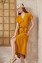 Women's Mustard Linen Belt Pack Short Sleeve Summer Relaxed Cut Slit Daily Long Dress 3221418 - 3