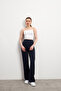 Women's Navy Blue High Waist Ribbed Stitched Stretch Trousers - 3