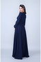 Navy Blue Crew Neck Long Sleeve Woven Fabric Waist Drawstring Belted Maxi Length Evening Dress with Pockets - 4