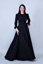 Black Crew Neck Long Sleeve Woven Fabric Waist Drawstring Belted Maxi Length Invitation & Evening Dress with Pockets