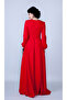 Red Crew Neck Long Sleeve Woven Fabric Waist Drawstring Belted Maxi Length Invitation & Evening Dress with Pockets - 8