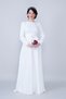 White Crew Neck Long Sleeve Woven Fabric Waist Shirred Belted Maxi Length Invitation & Evening Dress with Pockets - 3