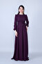 Plum Crew Neck Long Sleeve Woven Fabric Waist Drawstring Belted Maxi Length Invitation & Evening Dress with Pockets