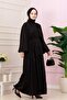 Balloon Sleeve Stoned Shimal Evening Dress-Black