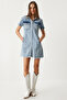 Tassel Detailed Pocketed Mini Denim Dress Medium Blue Lan0001