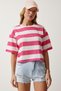 Crew Neck Striped Crop Knitted T-Shirt White Pink Lhf0007