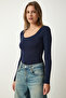 Square Neck Viscose Knitted Blouse Navy Blue Lrx0002 - 2