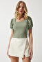 Square Neck Balloon Sleeve Knitted Blouse Green Ldd0032