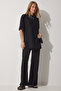 Ribbed Flexible Knitted Bottom Top Set Black Lkh0003 - 2