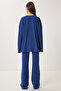 Comfortable Ribbed Knitted Blouse and Trousers Set Cobalt Blue Lrg0014 - 7