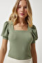 Square Neck Balloon Sleeve Knitted Blouse Green Ldd0032 - 2