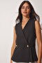 Double Breasted Buttoned Woven Vest Black Lwf0008