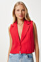 Shawl Collar Crop Linen Vest Red Lto0006