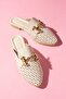 Pavina Beige Laser Cut Skin Leather Slippers with Gold Accessories - 4
