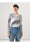 Ecru Crew Neck Striped Women's Ribbed Bodysuit