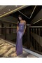 Women's Lilac Strapless Neckline Slit Detailed Draped Long Glitter Sequin Sequined Maxi Evening Dress - 2