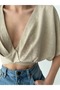 Short Sleeve V-Collar Linen Back Lacing Mini Abdominal Low-Cut Summer Combination Crop Blouse - 4