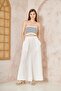 Women's White Elastic Waist Pocketed Wide Leg Loose Oversize Soft Textured Comfortable Trousers 3391341 - 5