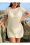 Crew Neck Openwork Pattern Short Sleeve Bikini Top Pareo-Beach Dress - 4