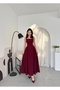 Burgundy Pleated Long Dress with Thick Straps Bodice - 2